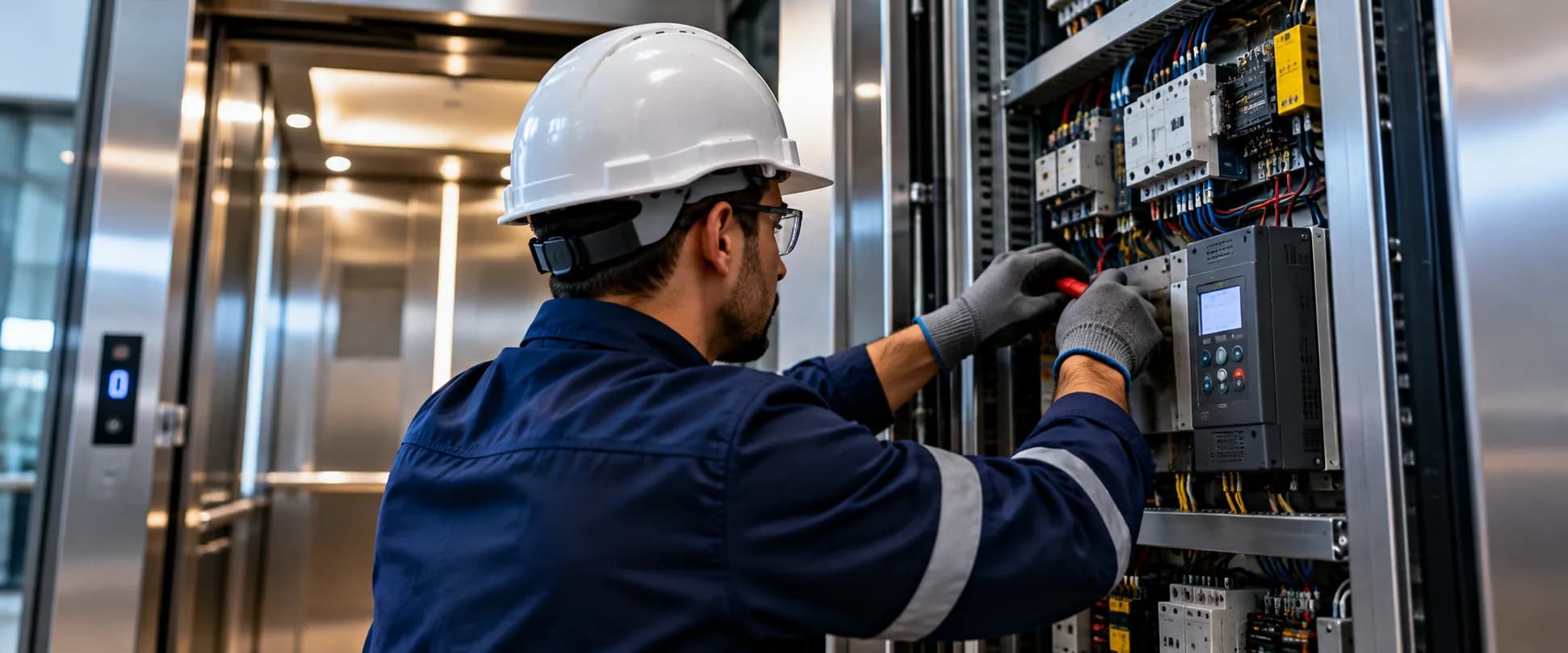 Técnico da Ápice Elevadores realizando manutenção preventiva em elevador