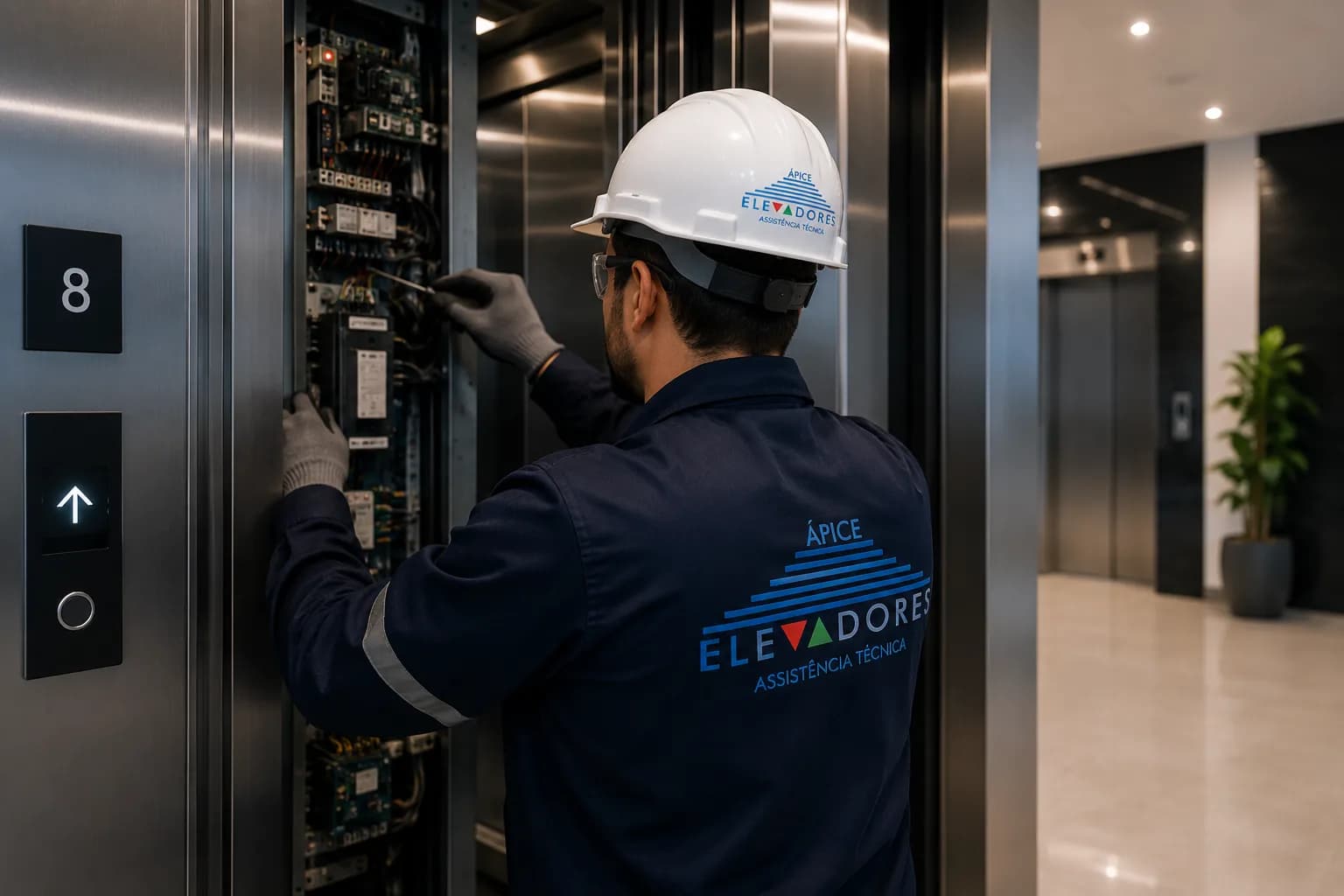 Técnico da Ápice Elevadores em atendimento técnico a elevador